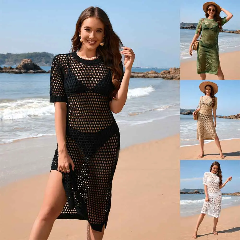 

Spring/Summer 2024 New Seaside Holiday Long Dress Fashion Blouse Solid Color Short Sleeve Women's Knitwear