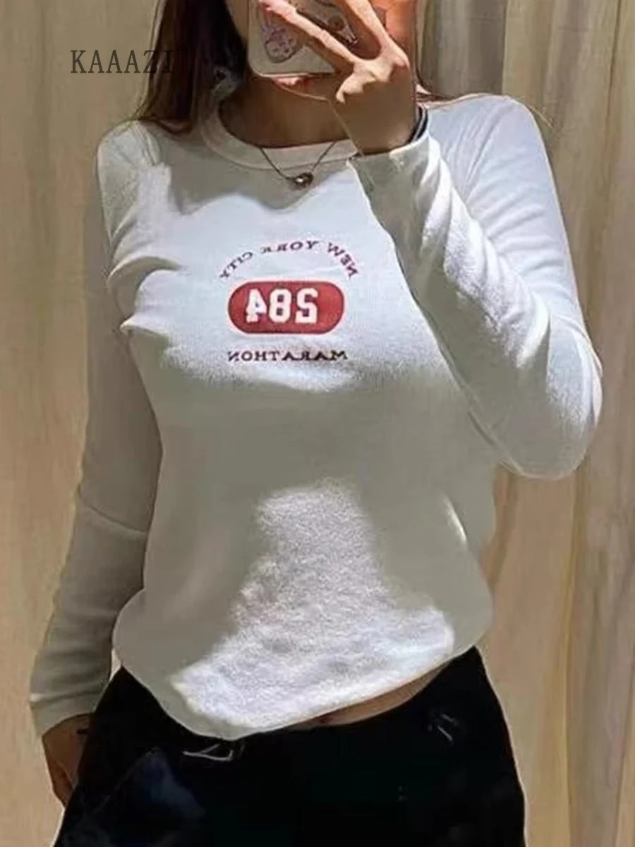 

Футболка женская хлопковая с длинным рукавом, винтажный мягкий Повседневный Простой Топ с круглым вырезом и надписью, уличная одежда, винтажный шикарный топ, Y2K