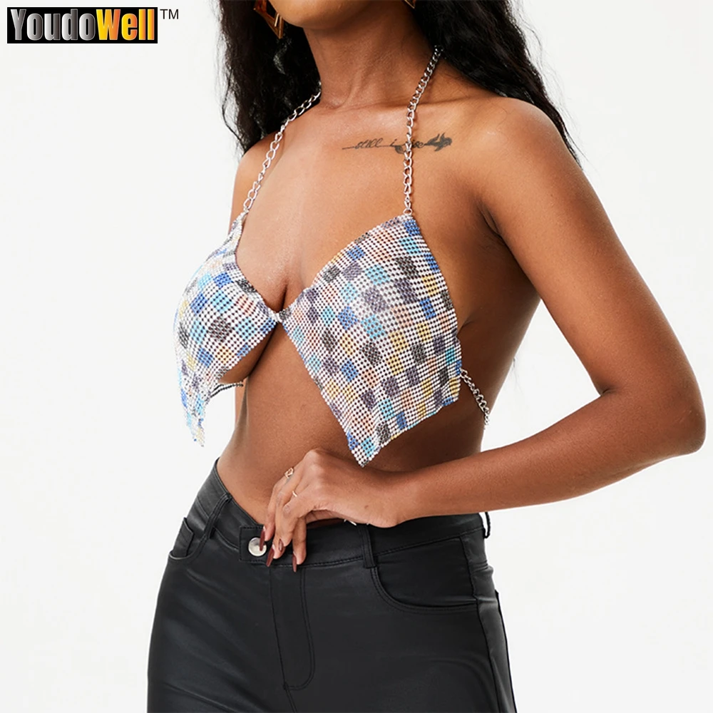 

Многоцветная клетчатая трубка для женщин, цепочка с прорезями, ремешок через шею, ночной клуб, музыкальный фестиваль, топ для пляжного отпуска, лето