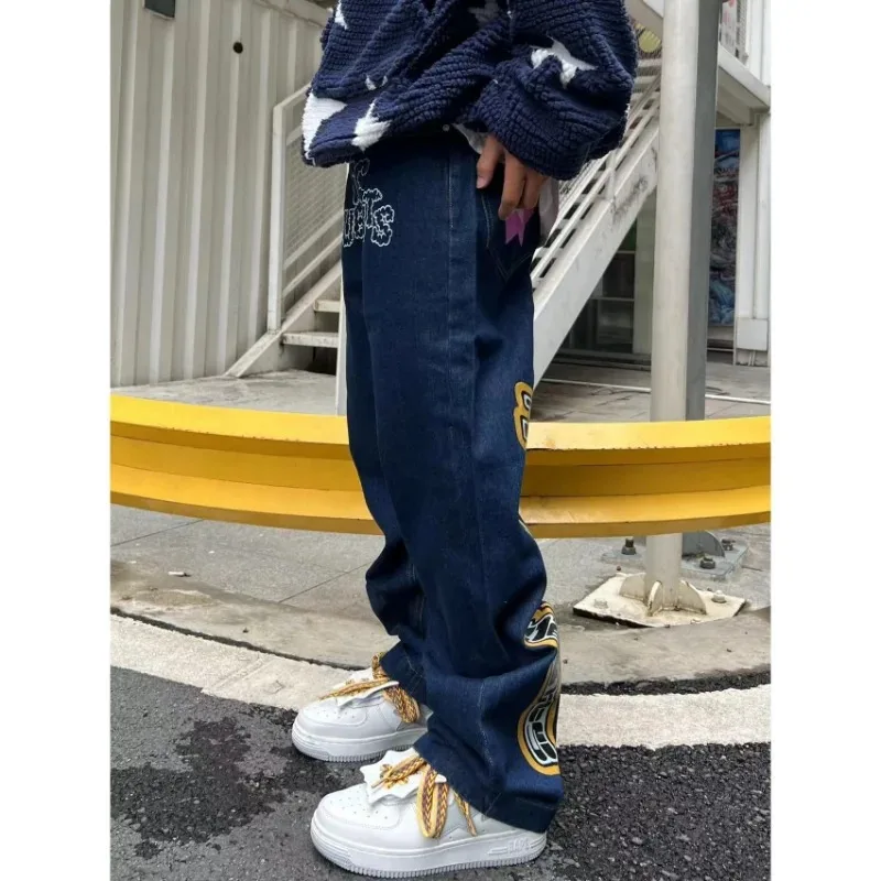 Men's Letter Star Print Y2k Jeans American Style Hip Hop High Waist Loose  Layered Straight Zipper Fashion Pants Trend Hot Sale