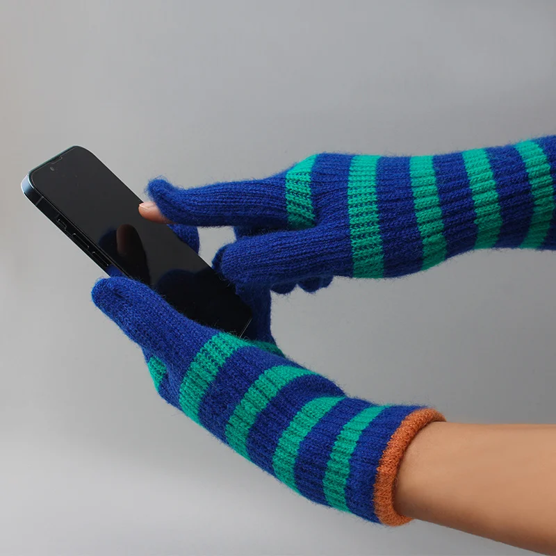 

CNTANG Touch Screen Gloves Women's Winter Warm Knitted Fleece Work Glove Fashion Stripes Girls Kawaii Mittens Cuffed Long Gloves
