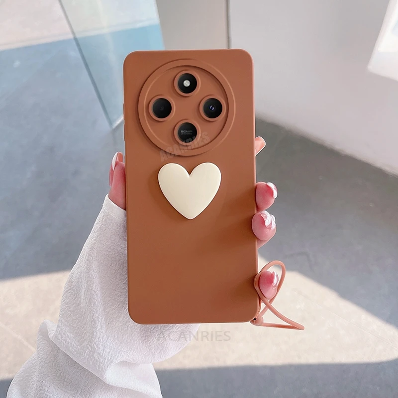 Cute 3D Love Heart Silicone Phone Case with Lanyard Wrist Strap Cover