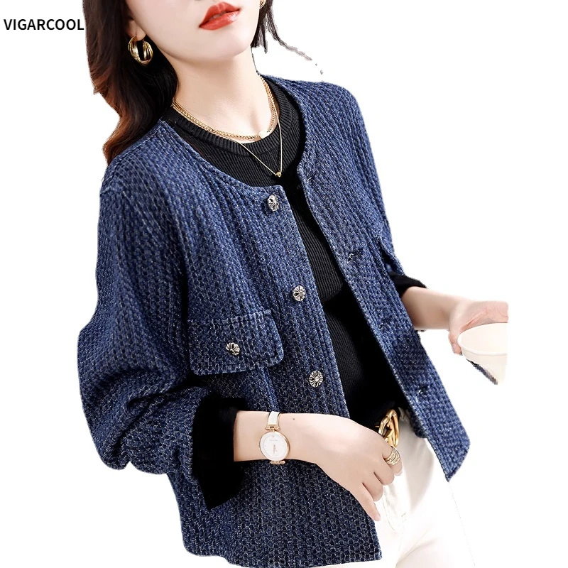 

Spring and Autumn New Style Elegant Celebrity Xiaoxiangfeng Heavy Industry Round Neck Dark Blue Denim Cotton Short Coat Female