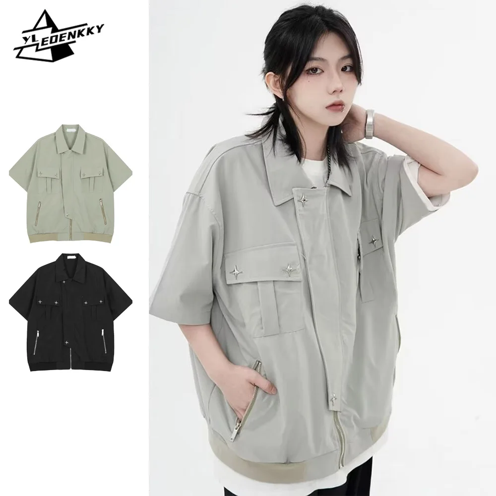 

American High Street T-Shirt Men Women Vintage Star Loose Short Sleeve Tops Thin Solid Color Zipper Cargo Tees Summer Unisex New