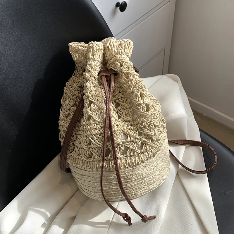 Handmade Women's Summer Straw Beach Shoulder Bag Woven Hollow Drawstring Shoulder Bags Knitted Fashion Female Design Travel Tote