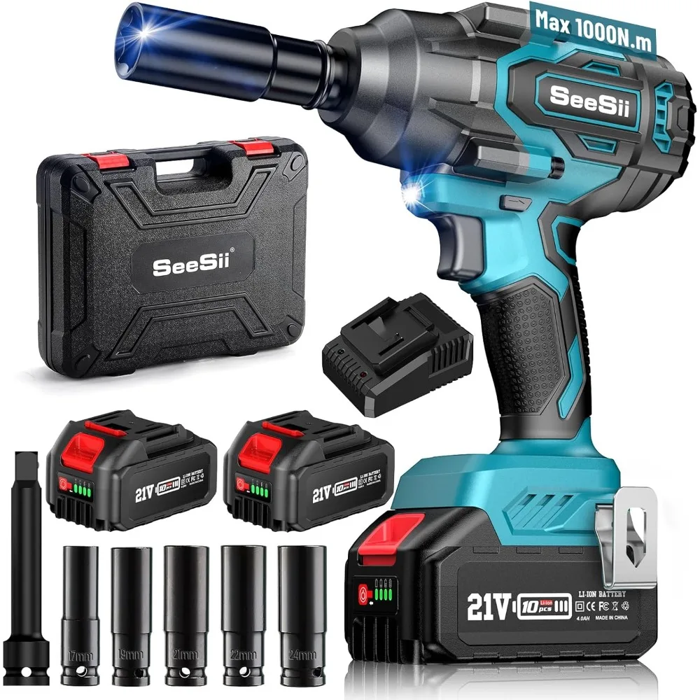 

Seesii 1000Nm(738ft-lbs) Cordless Impact Wrench High Torque,1/2" Brushless Impact Gun w/Two 4.0AH Battery,Fast Charger