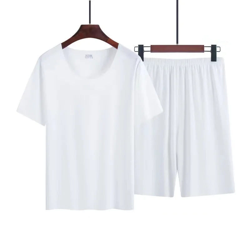 Summer Men's Ice Silk Pajamas Homewear Suit Modal Non-marking Thin Short-Sleeved Men's T-Shirt silk pajamas man pajamas set