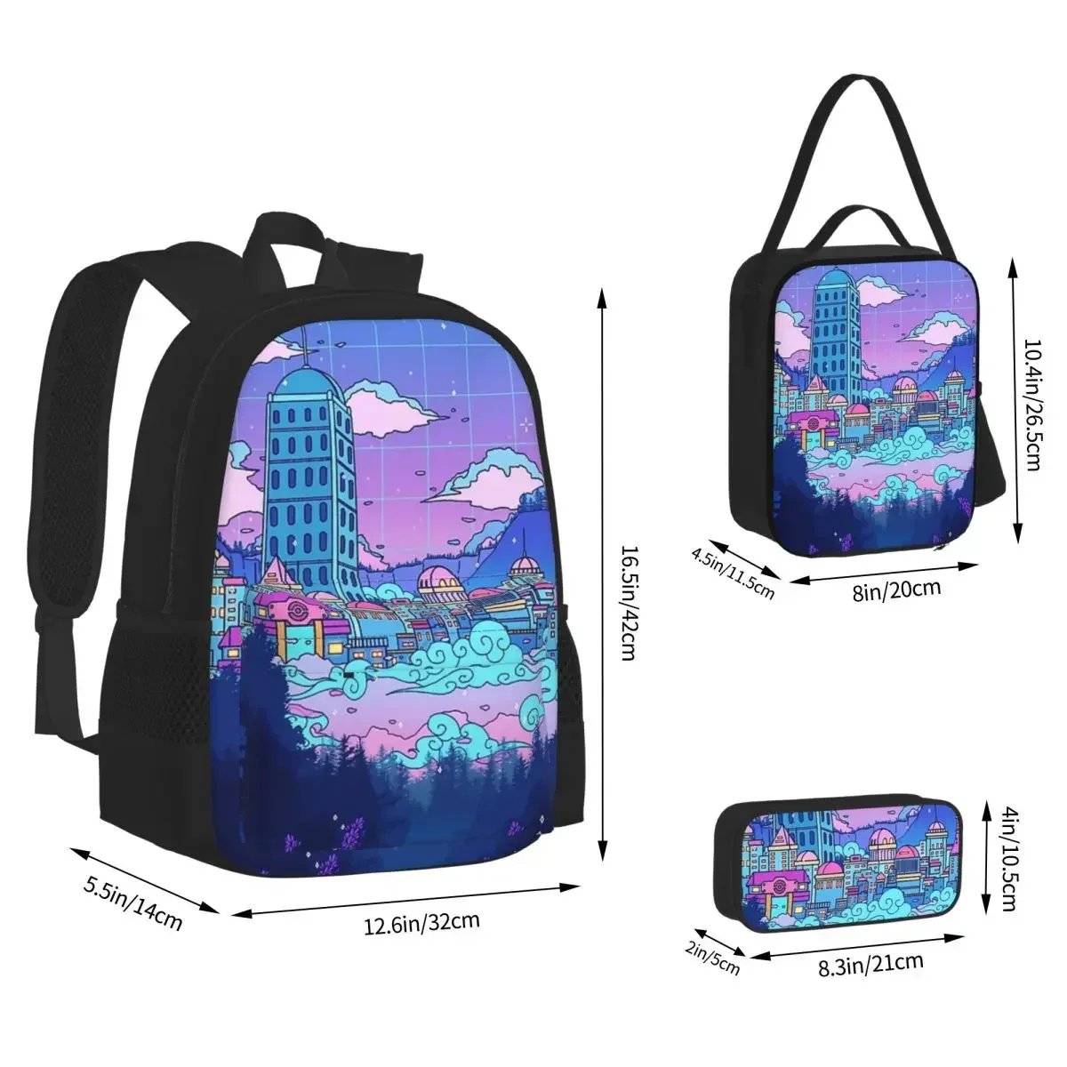 

Lavender Town Backpacks Boys Girls Bookbag Children School Bags Cartoon Kids Rucksack Lunch Bag Pen Bag Three-Piece Set