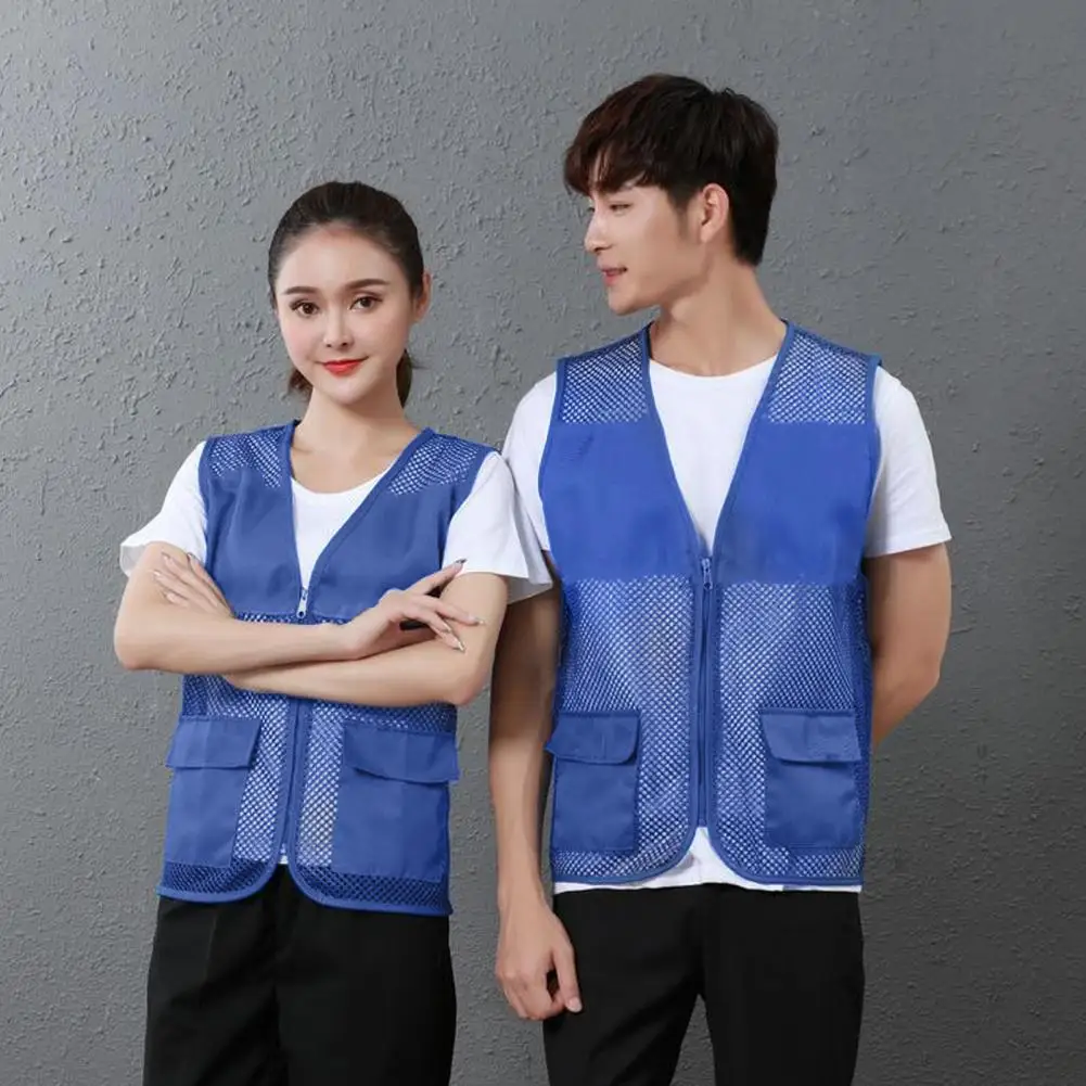 Hollow Out Zipper Placket Double Pockets V-neck Work Vest Volunteer Bright Color Loose Fit Unisex Waistcoat