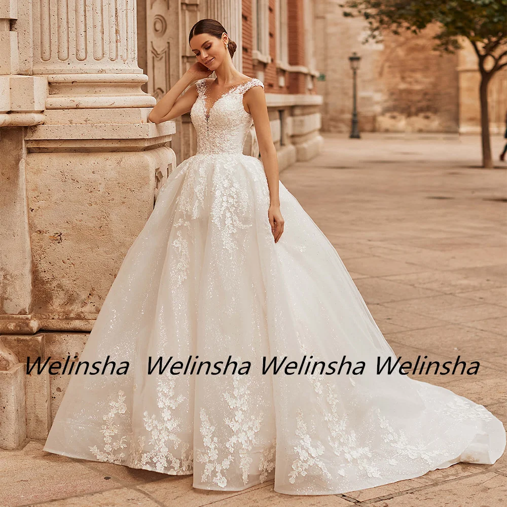 

Блестящее свадебное платье с коротким рукавом и глубоким круглым вырезом, аппликация с бисером, со шлейфом, Индивидуальный размер, корсет на шнуровке, свадебное платье, платье