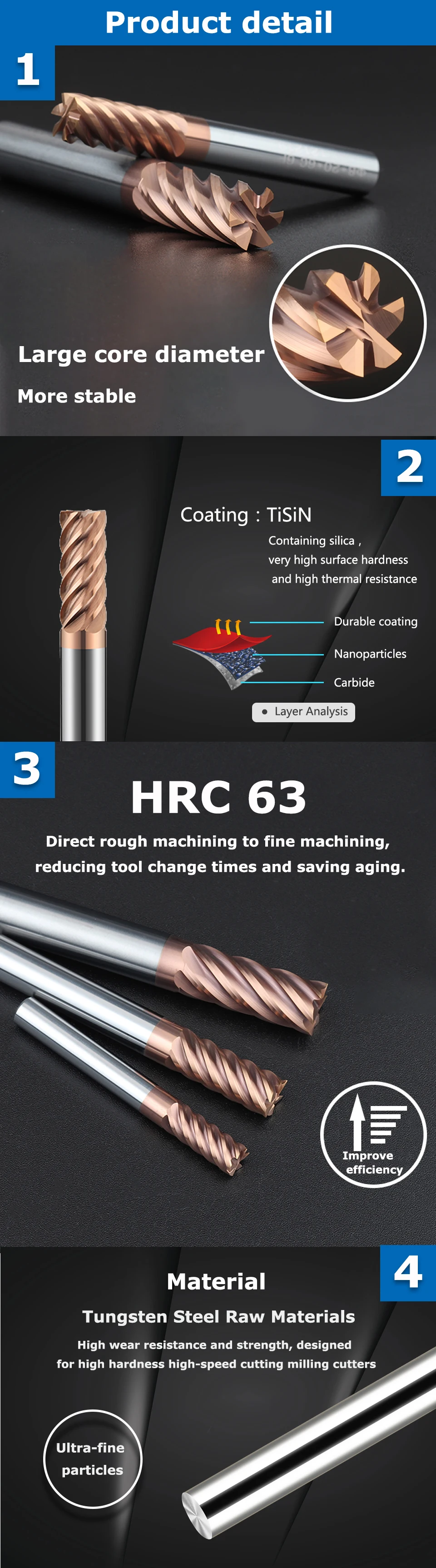 6 Flöten HRC63 Hartmetall-Schaftfräser Wolframfräser Werkzeuge 6 Zähne CNC Metall Stahl Bearbeitung Router 6 mm 8 mm 10 mm 12 mm 14 mm 16 mm 20 mm – Detail 4