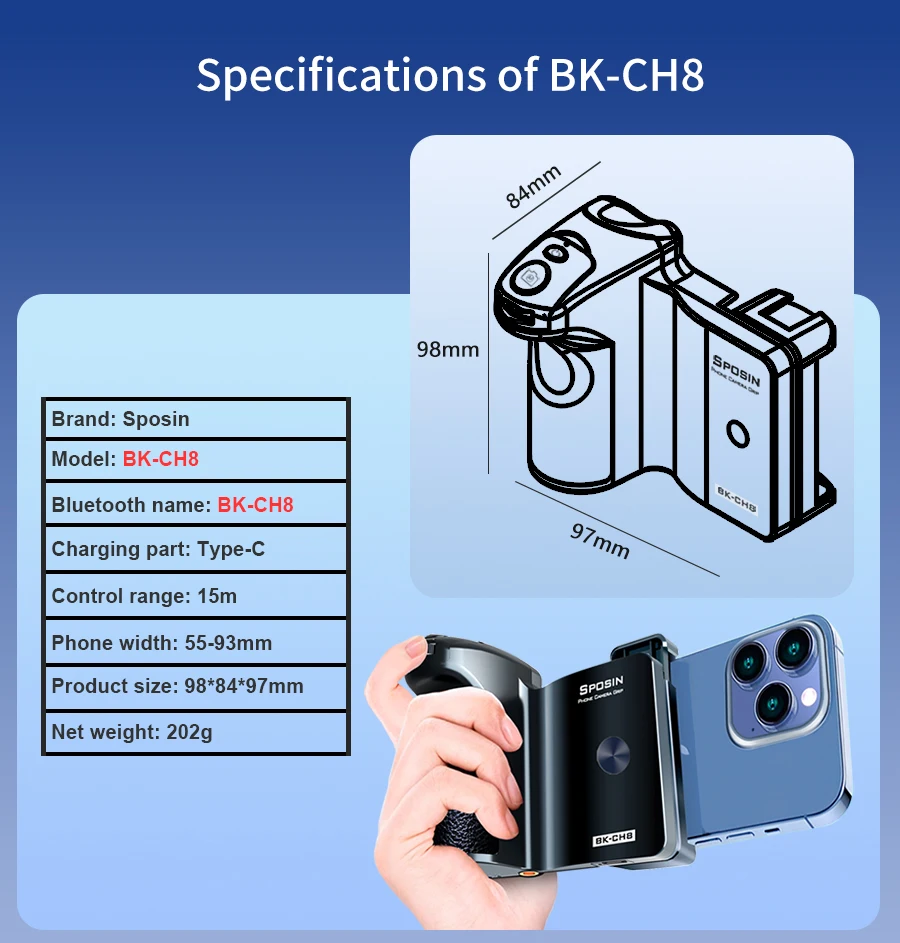 BK-CH8 Stepless Zoom for Iphone Android Phone Selfie Booster Handle Grip, Blueto