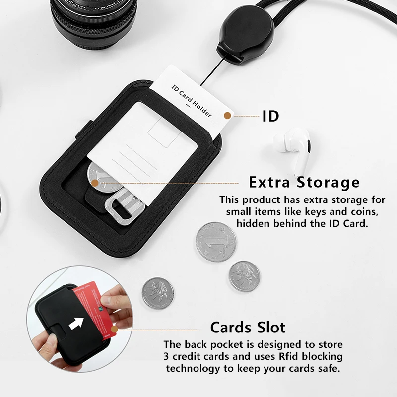 CASEKEY-ID Titular do cartão com alça de pescoço longo, titular do crachá, horizontal e vertical, couro de vaca Yoyo, ajustável para empregado, médico e enfermeira