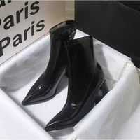Winter Patent Leather Women Ankle Boots Fashion Pointed Toe Short Booties Square High Heels Party Pumps Shoes - Image 5