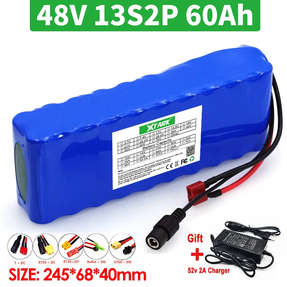 

New 48V 60Ah 1000w 13S2P XT60 48V Lithium ion Battery Pack 60000mah For 54.6v E-bike Electric bicycle Scooter with BMS+charger