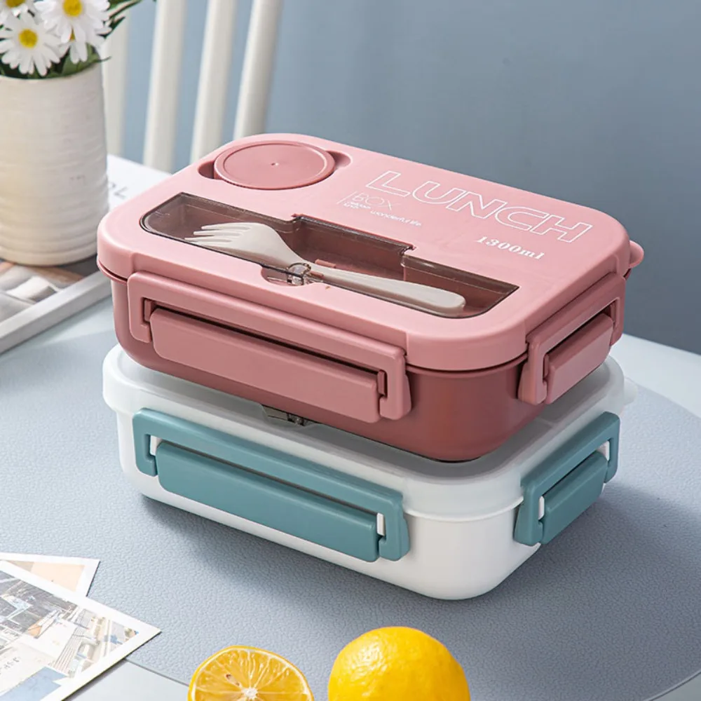 

1300ML Separated Type Lunch Box New Plastic Monolayer Lunch Box with Cutlery Simple Portable Sealed Lunch Box