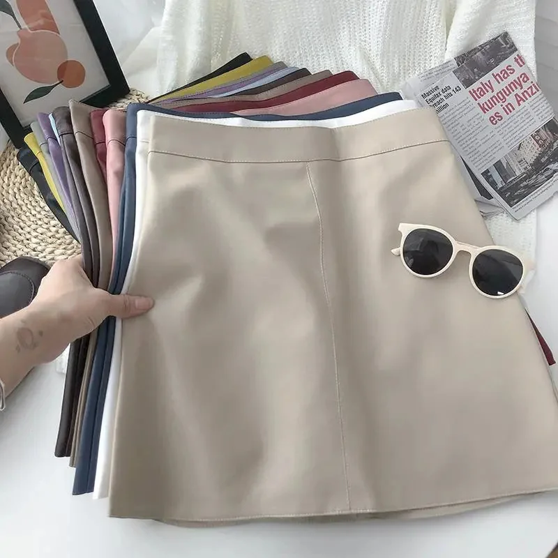 

Fashion Faux Leather A-line Mini Skirt Women Spring Elegant Zipper Up Solid Color Pu Short Skrit Female Black Skirts New Faldas