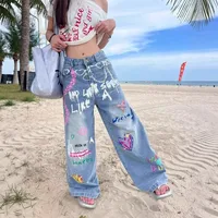 American Hand-Painted Graffiti Print Jeans Men's Summer CleanFit Dopamine Slimming Washed Wide Leg Pants High Waist Straight