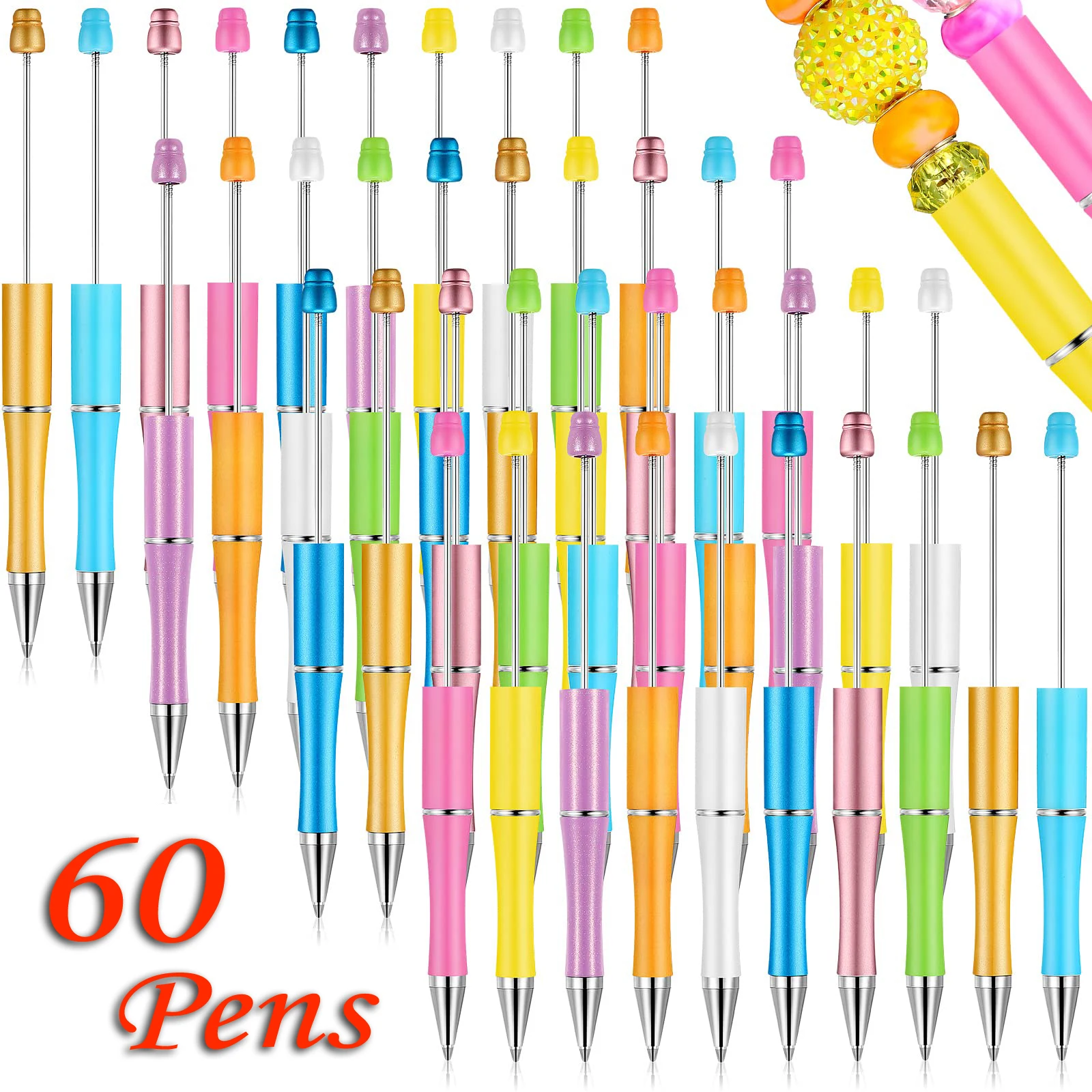 

60pieces Plastic Beadable Pen Bead Ballpoint Pen Ball Pen for Students Office School Supplies Mixed Colors Beads Pens