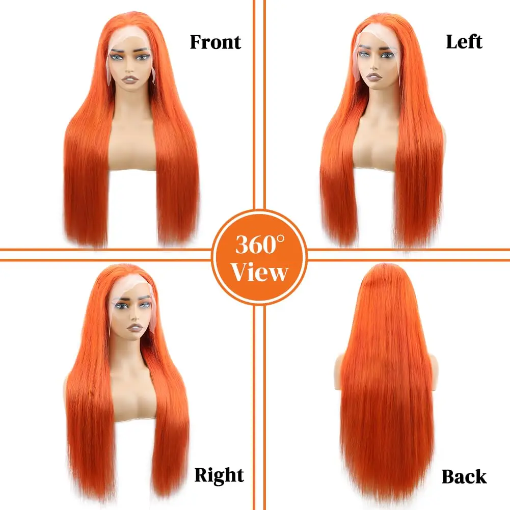 13x4 HD Lace Front Wig 34 Inch Ginger Orange Straight 250 Density Pre Plucked Natural with Baby Hair 4
