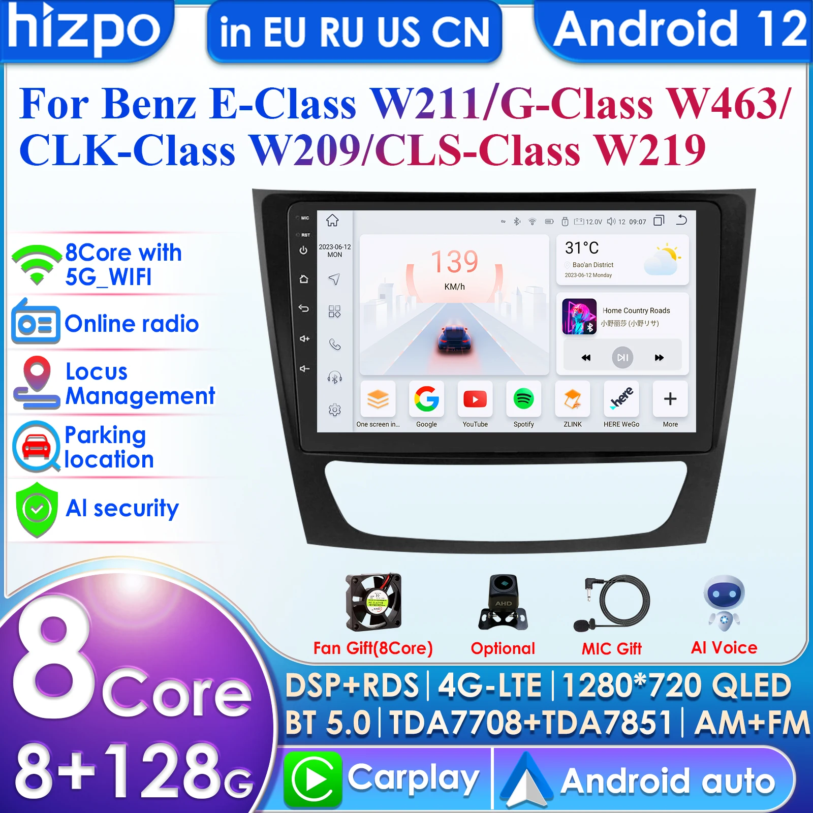 

Hizpo 4G 9 ''10.33 AI интеллектуальные системы CarPlay Android авто радио для Mercedes Benz E Class W211 E300 2002-2010 автомобильный мультимедиа