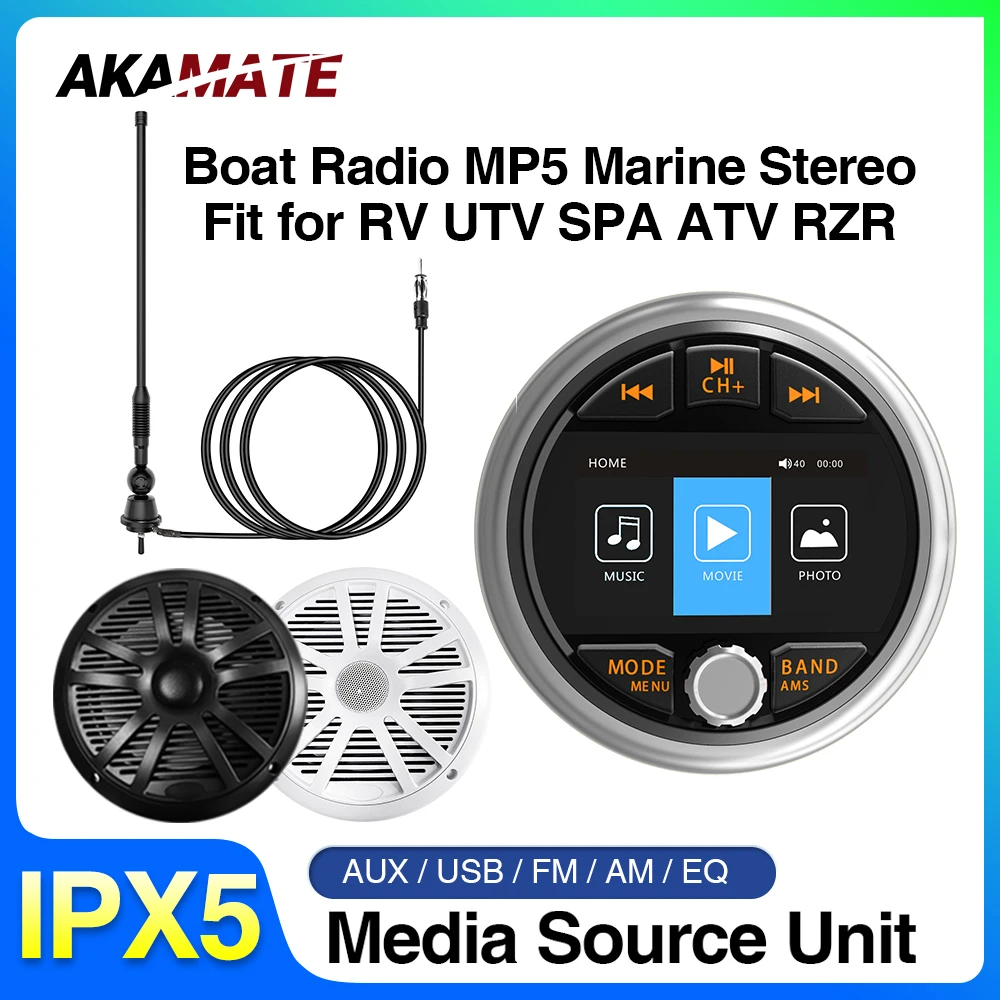AKAMATE Boat Radio Speaker Antenna Marine Stereo MP5 Media Player AM FM RDS Receiver Bluetooth AUX for RV UTV SPA ATV RZR Boat Radio Speaker