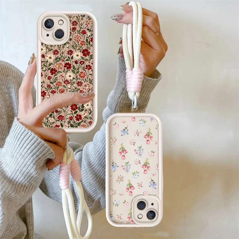 Retro Flower Strap Lanyard Phone Case with TPU Cover