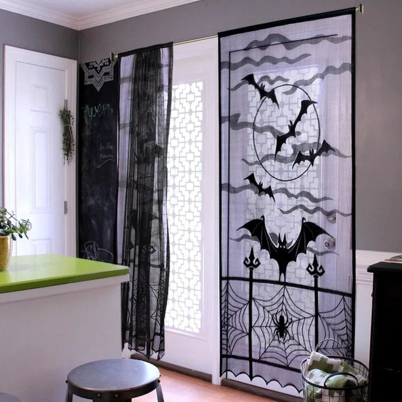 Bat Spider Halloween Curtain Black Lace Spider Door Curtain Home Festival Decoration Halloween Bat Curtain Party Decoration