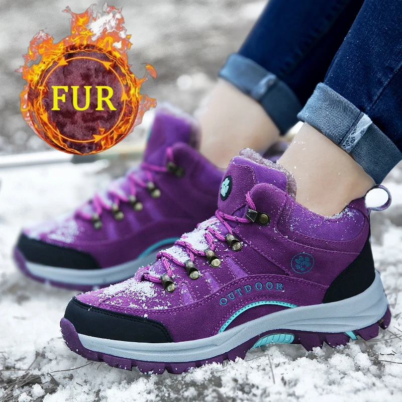 Outdoor High Quality Winter Warm Trekking Hiking Shoes Women High-top Plush Snow Casual Sneakers Ladies Non-slip Walking Boots