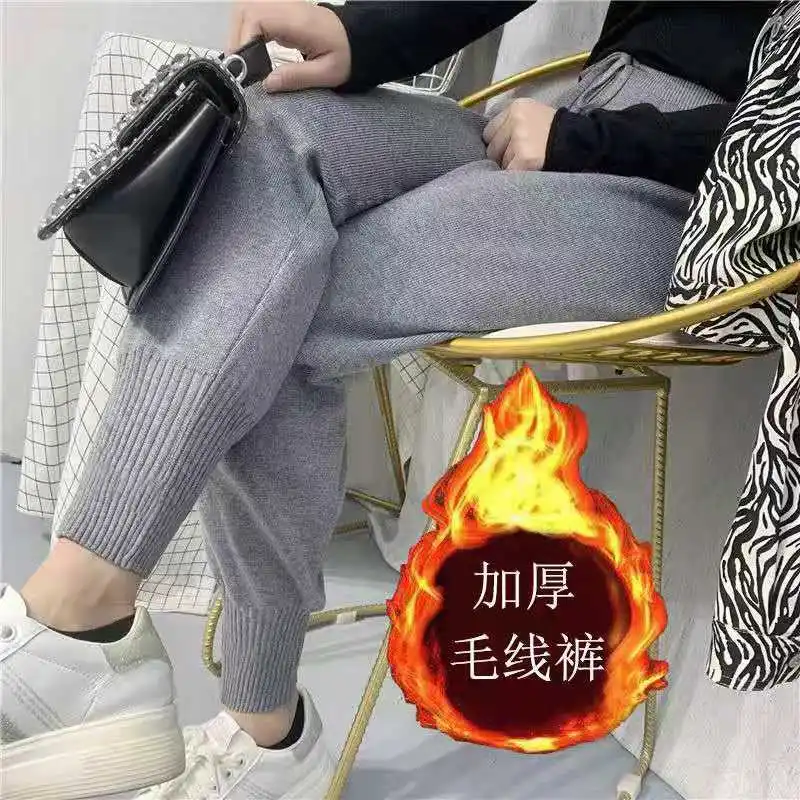 Knitted Pants Women High Waist Ankle-Length Pants Ladies Office Stretch Baggy Pantalones Autumn Winter Lace Up Casual Trousers