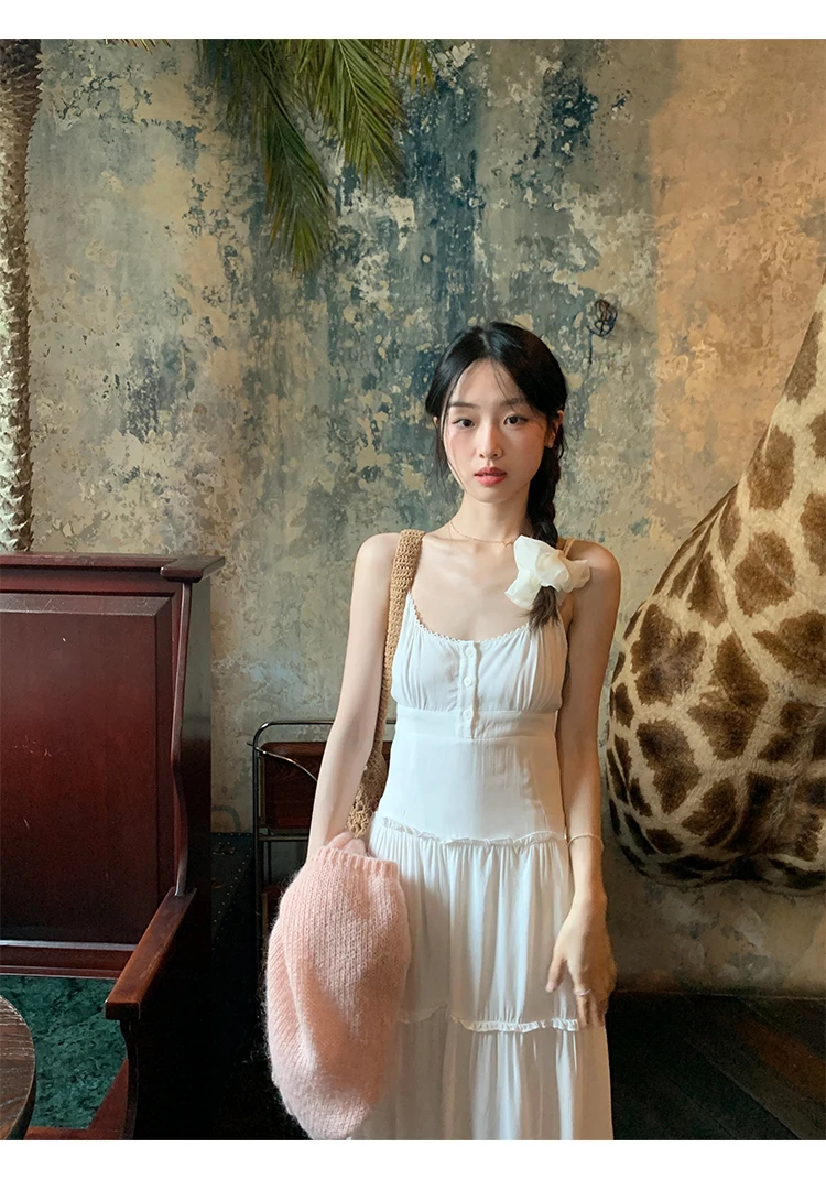 French Elegant Dresses for Women Solid Spaghetti Strap Summer New Ruffles A-line Casual Korean Chic Midi Vestidos Mujer
