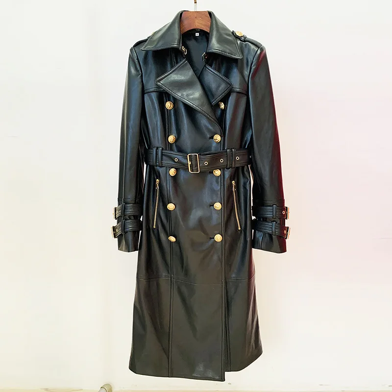 

Autumn and Winter New Fashion Temperament Double-breasted Belt Leather Long Women's Trench Coat Faux Leather