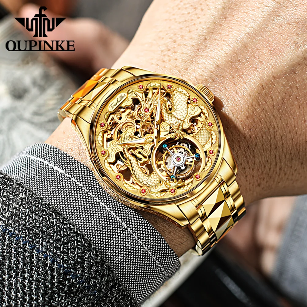 OUPINKE 3176 Tourbillon Dragon Watch For Men Sapphire Mirror High-end Luxury Skeleton Automatic Mechanical Men's Wristwatches