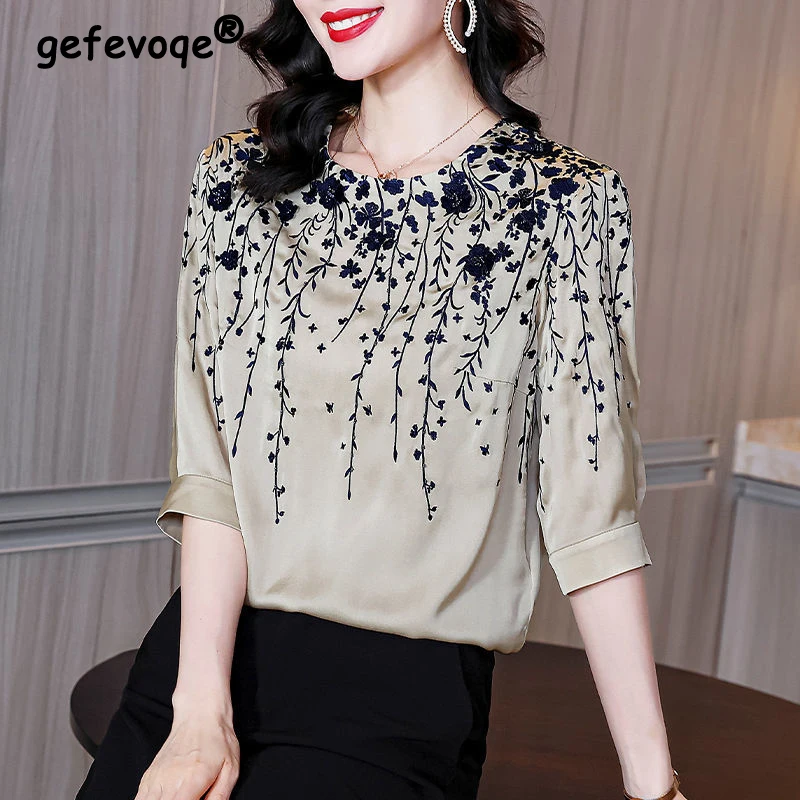

Spring Summer Elegant Fashion Floral Print Pullover Shirt Ladies Half Sleeve Temperament All-match Blouse Top Women's Clothing