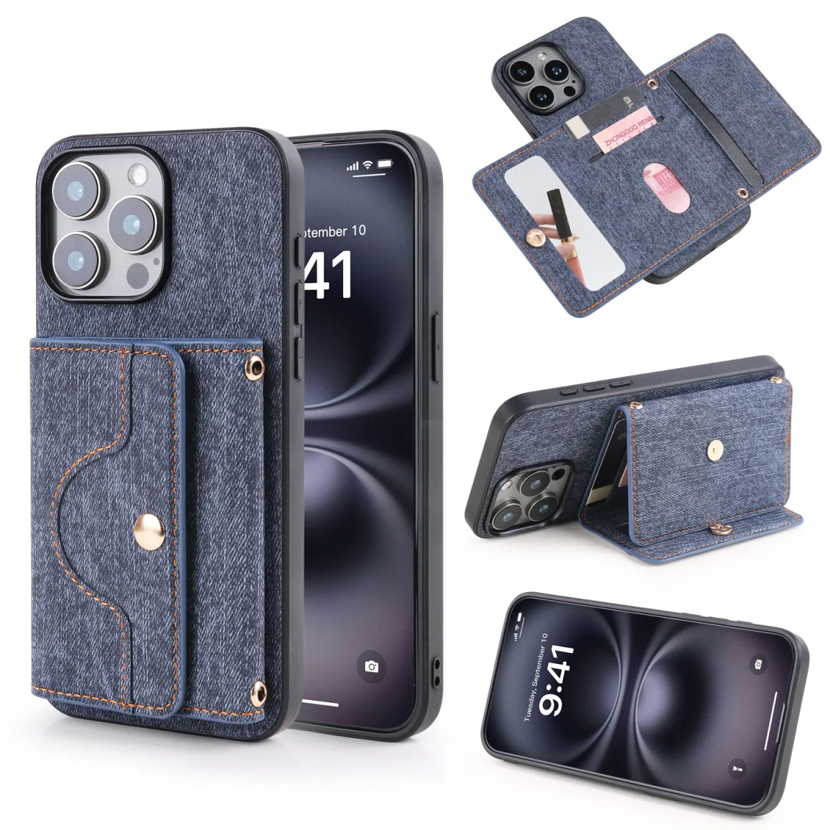 Denim Textured TPU+PU Leather Case with Rope Hanging Mirror Card