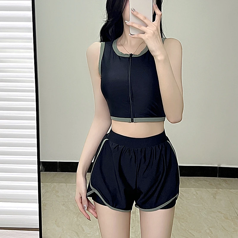 여성용 하이웨이스트 섹시한 비치웨어, 투피스 스포츠 수영복, 세트 패딩 민소매 지퍼, 서핑 세트 비치 세트