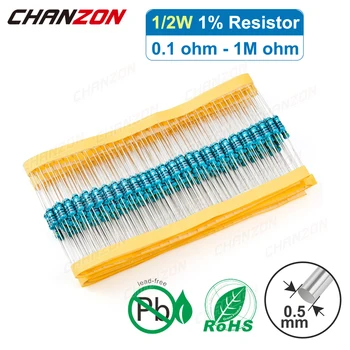 100pcs/Pack 1/2W 1% High Precision Metal Film Resistor 1 2.2 4.7 10 100 220 330 470 1K 4.7K 10K 15K 47K 100K Ohm Fixed Resistant 1