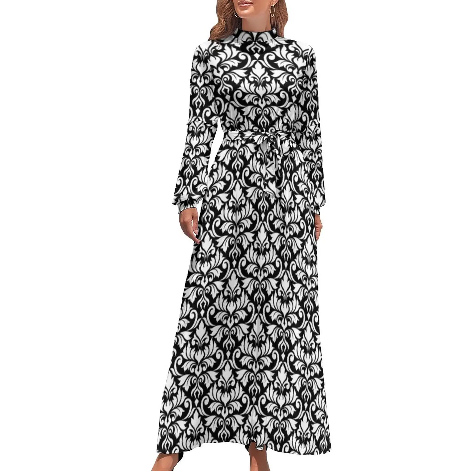 

Retro Baroque Print Dress Flourish Damask Korean Fashion Bohemia Dresses Ladies Long-Sleeve High Neck Kawaii Long Maxi Dress