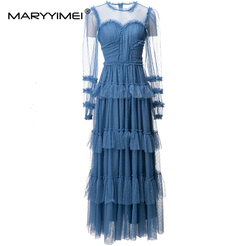 

MARYYIMEI Fashion Spring Summer Women's Dress Dots Edible Tree Fungus Long sleeved Ruched Ruffles Mesh Elegant Party Dresses