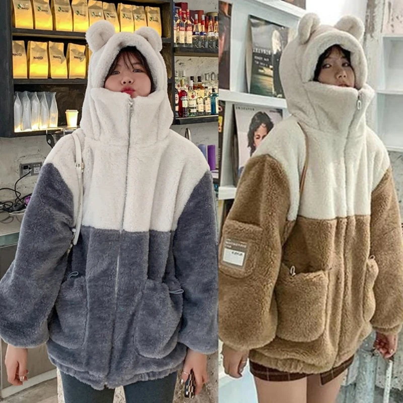 JWZUY Womens Fleece Pullover Cute Bear Ear Hoodie Fluffy Coat Warm Plush  Sweatshirt Teen Girls Long Sleeve Outerwear Blue XXXXL 