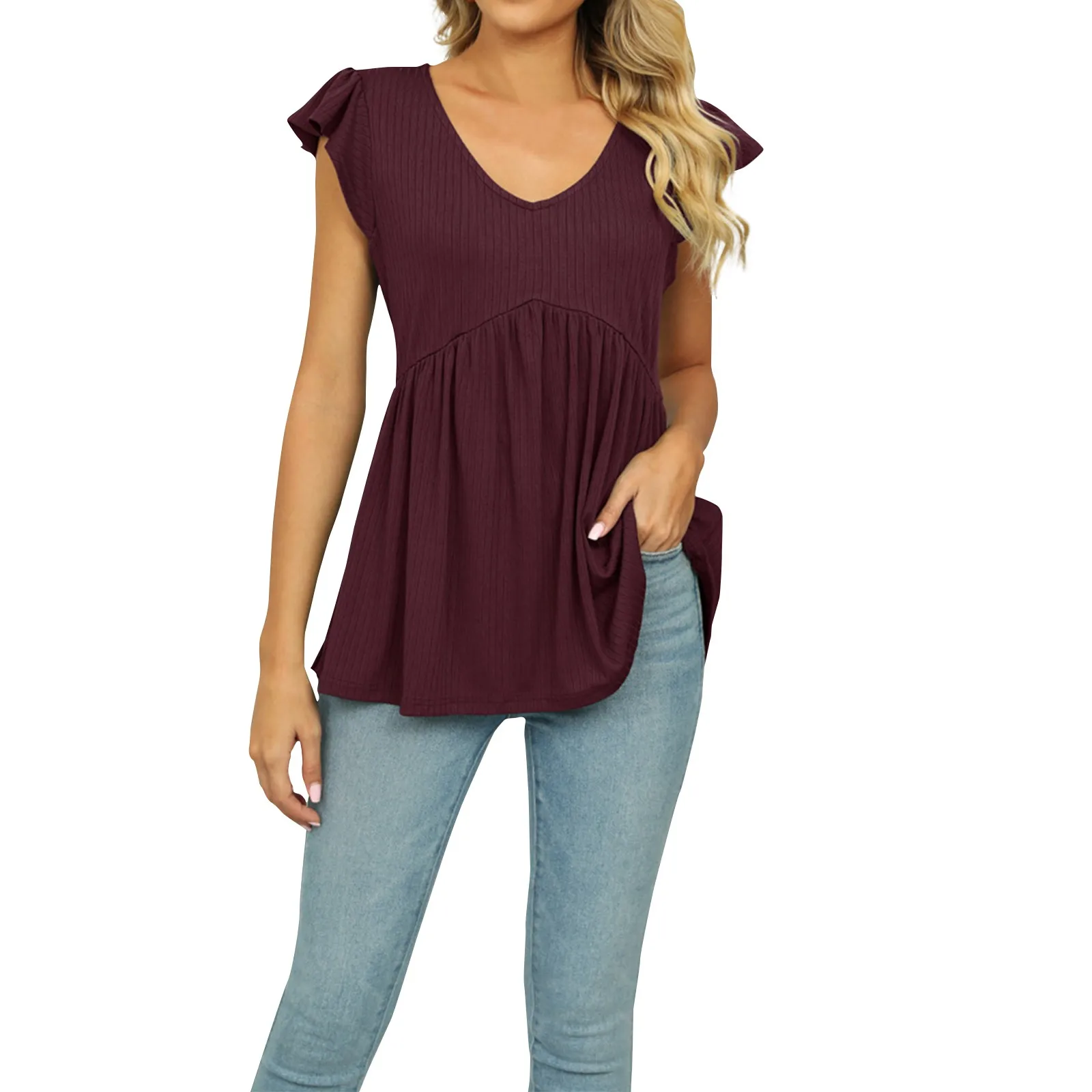 

Womens Soft Tee Shirts Solid Color Sleeveless V-Neck T-Shirt Summer New Daily Comfortable Elegant Pleated Babydoll Tops