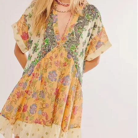 Color Vintage Print Mini Dresses Women Spring Summer New V-neck Short Sleeves Folds Loose Irregular Short Dress Fashion Vestidos