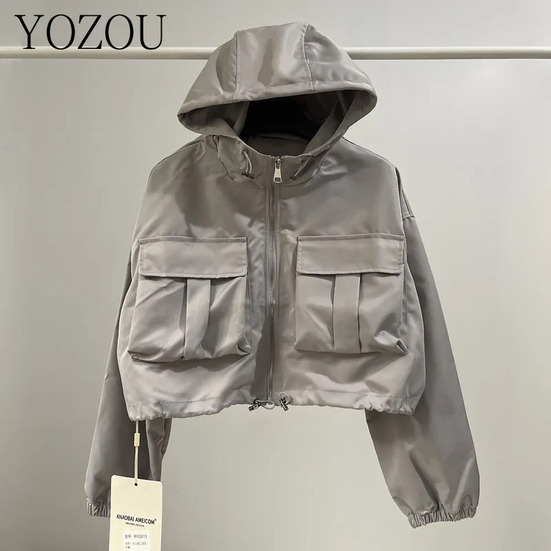 YOZOU Autumn Gorpcore Pink Drawstring Cropped Hooded Cargo Outdoor Jackets Zipper Coat with Pockets Women Top Windbreaker
