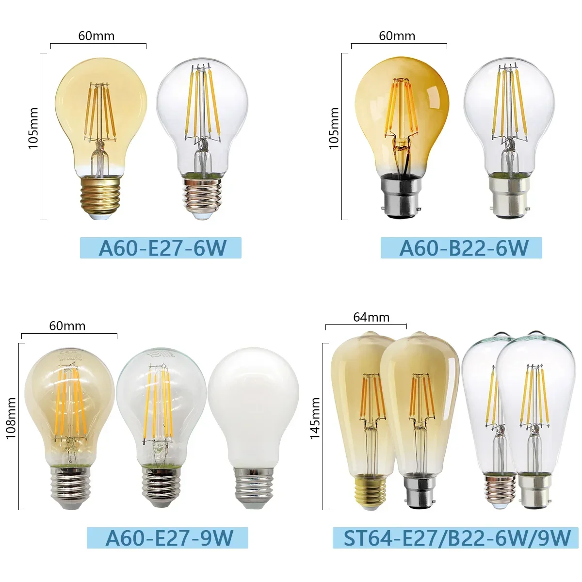 4pcs 에디슨 필라멘트 전구 E27 B22 E14 레트로 Led 빛 C35 A60 ST64 AC220-240V 빈티지 따뜻한 유리 램프 조명 실내 생활