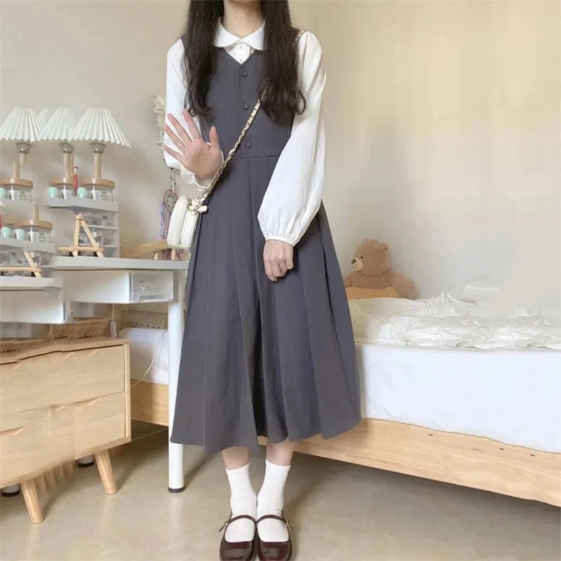 

2023 Spring Strappy Dress Women'S Sweet Waisted Mid-Length Undershirt Skirt + Doll Collar Shirt Two-Piece Set