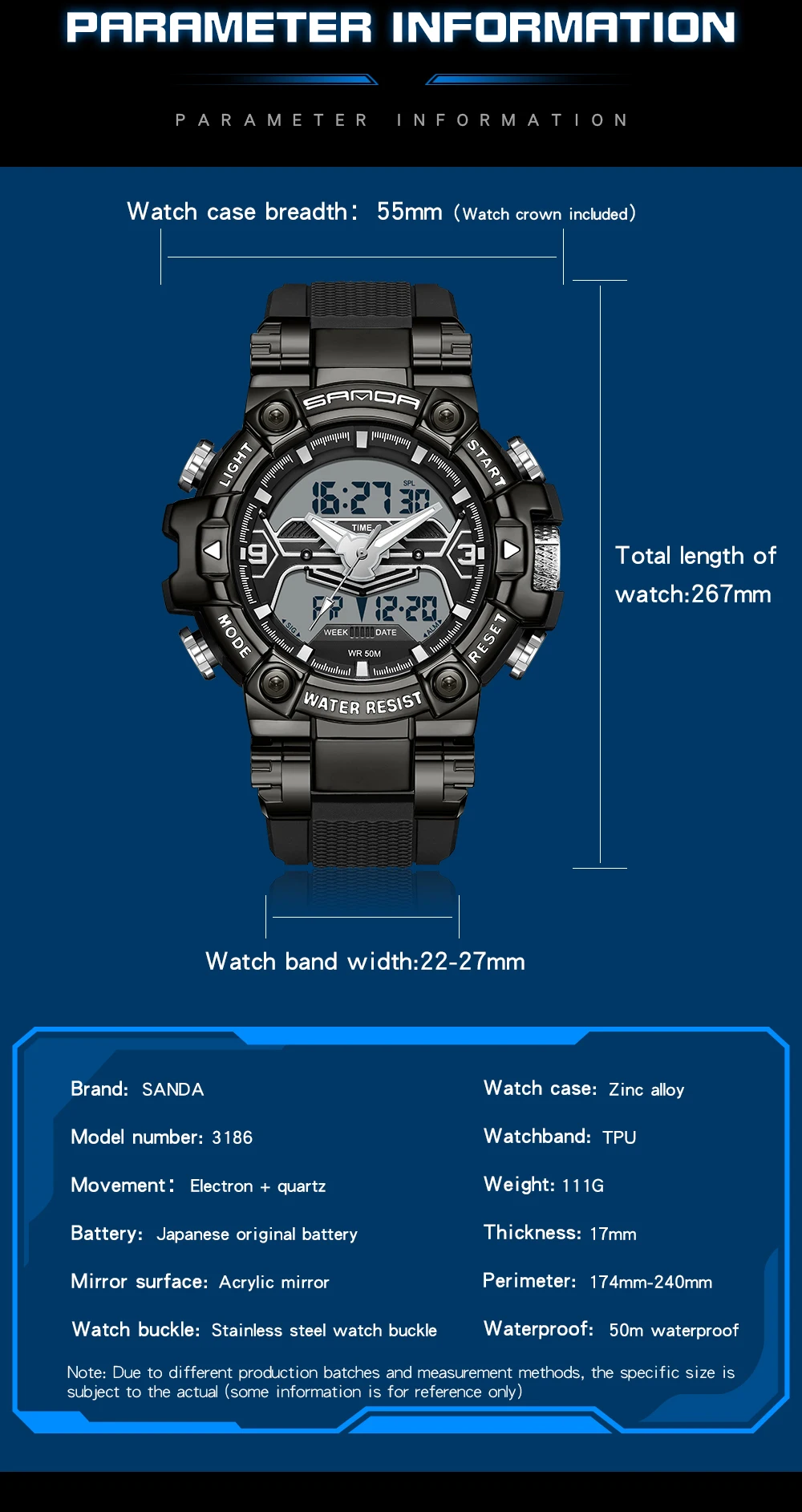 Sanda 3186 New Year Trendy Digital Analog Display TPU Strap Waterproof Shock Resistant Fashion Sports Men Cool Watches
