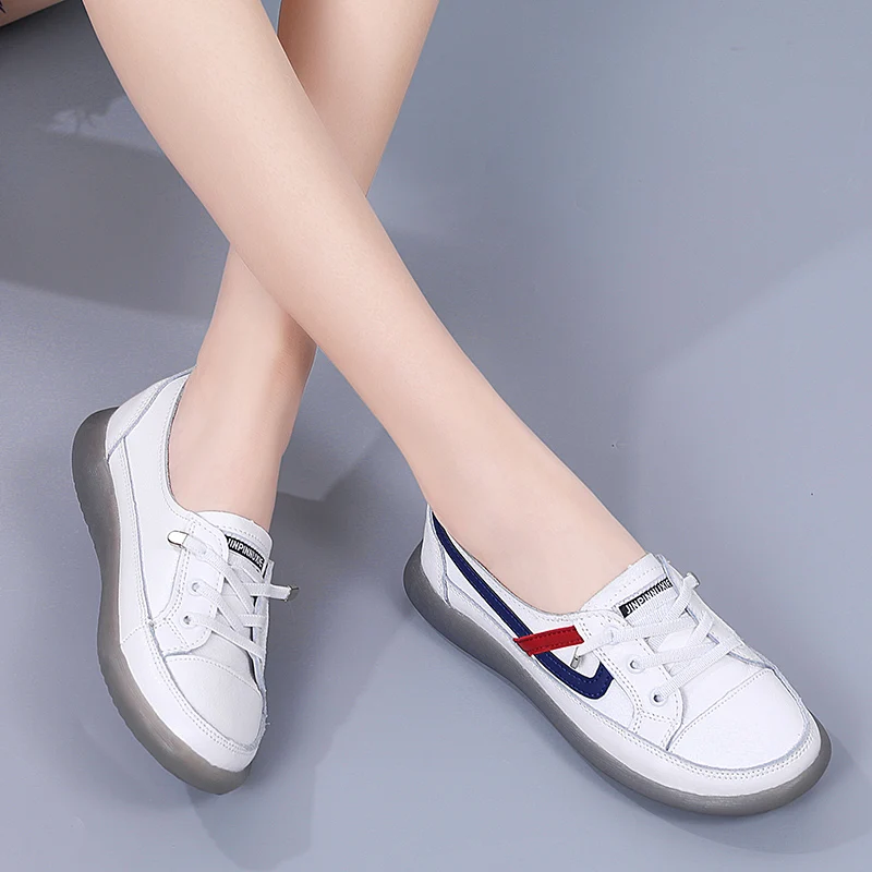 Women Shallow Mouth Leather Elastic Flat Casual Shoes