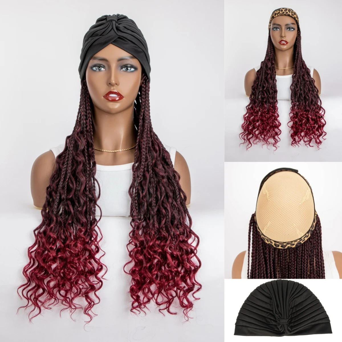 WIGERA 20&ldquo; Ombre Black Burgundy Boho Box Braided Synthetic Headband Wig With Turban Hat Braiding Hair Extensions For Black Women