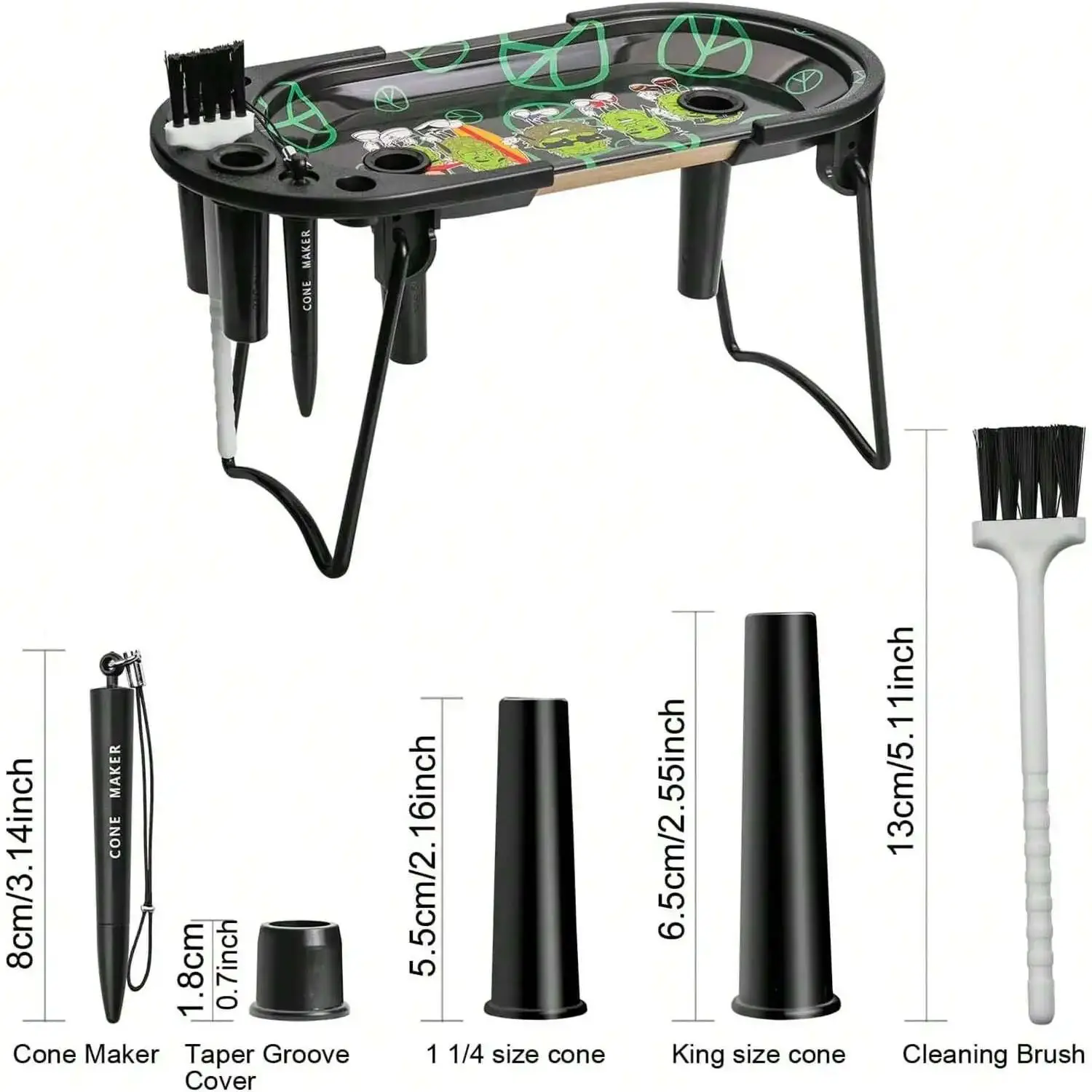 Rolling Tray with Folding Rolling Station to stuff Full Size and Standard Sized Cones-8 inch x 4 inch rolling tray with tools cigarette rolling tool