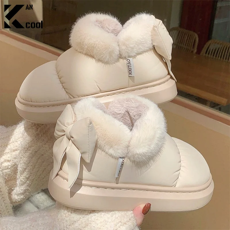 

Winter Women Cute Warm Ankle Boots Outdoor Non-slip Thick Sole Snow Boots Furry Bow Cotton Shoes Men Pu Waterproof Plush Boots